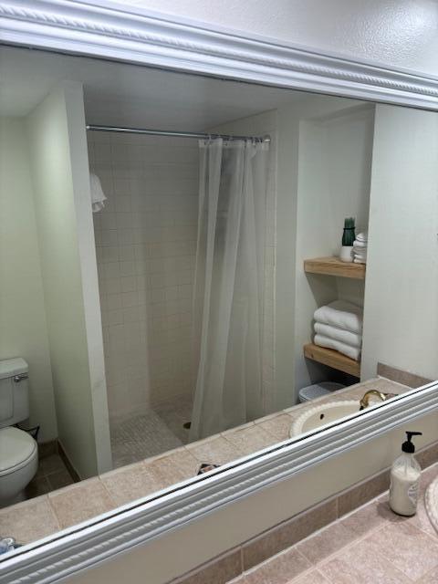 bathroom with tile patterned flooring, toilet, curtained shower, and sink