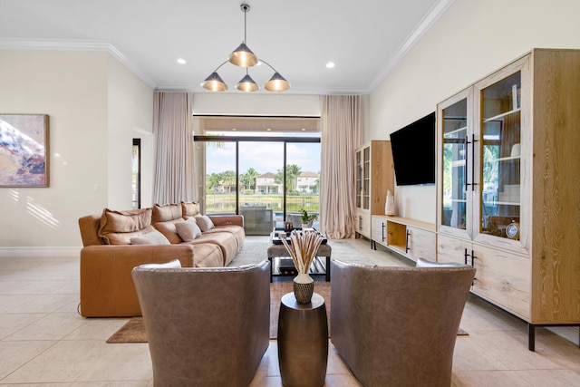 living room featuring light tile patterned flooring and ornamental molding