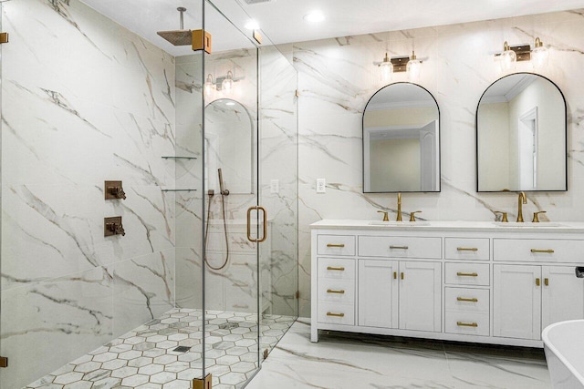 bathroom featuring tile walls, vanity, and an enclosed shower