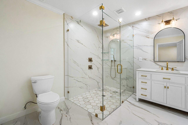 bathroom with crown molding, vanity, a shower with shower door, and toilet