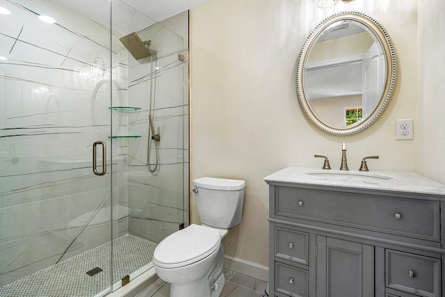 bathroom with tile patterned floors, vanity, toilet, and walk in shower