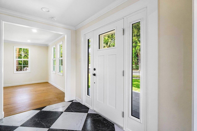 kitchen with blue cabinetry, light hardwood / wood-style flooring, beverage cooler, and crown molding