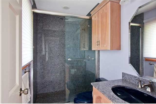 bathroom featuring vanity, toilet, and a shower with shower door