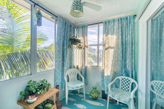 living area featuring ceiling fan and carpet