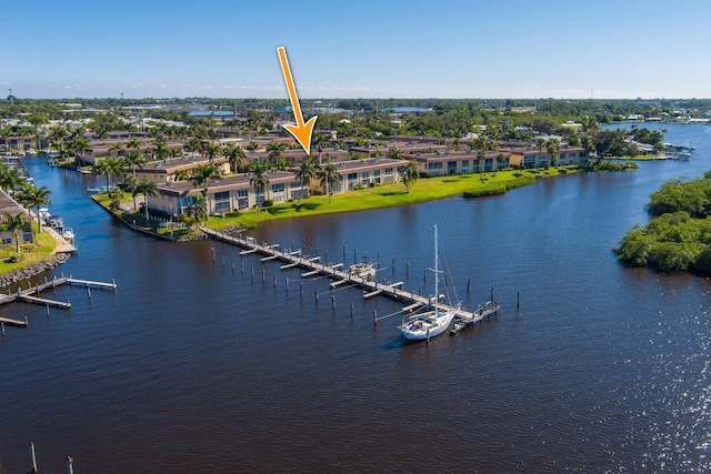 drone / aerial view featuring a water view