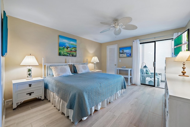 bedroom with light hardwood / wood-style floors and ceiling fan