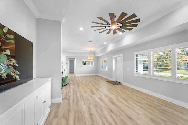 living room with crown molding, wooden ceiling, and light hardwood / wood-style floors