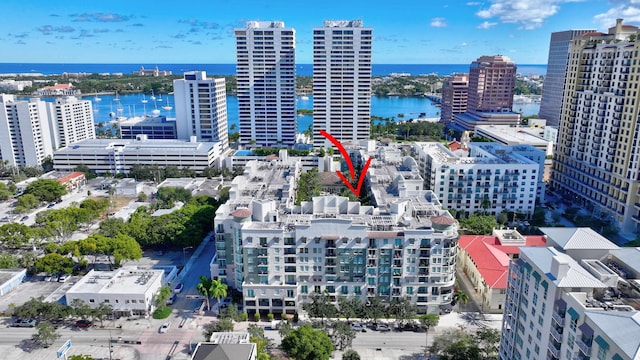 drone / aerial view with a water view