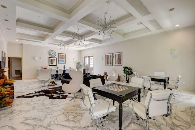 dining area with beamed ceiling, an inviting chandelier, coffered ceiling, and crown molding