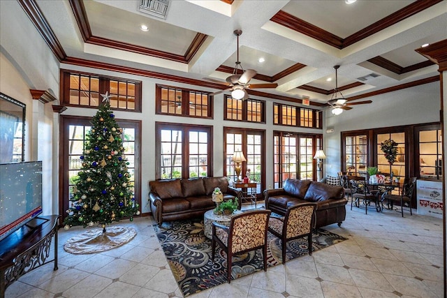 living room featuring crown molding, french doors, a towering ceiling, and coffered ceiling