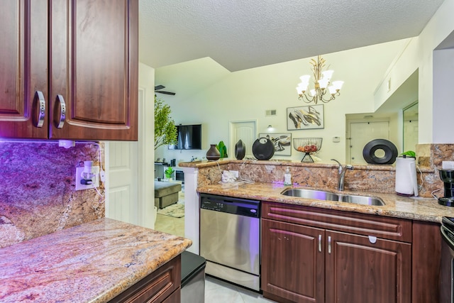 kitchen with stainless steel dishwasher, a textured ceiling, sink, a notable chandelier, and lofted ceiling