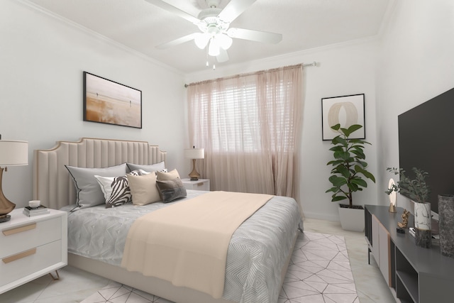 bedroom featuring ceiling fan, crown molding, and light tile patterned floors