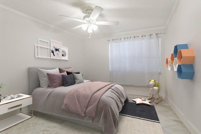 bedroom featuring ceiling fan, crown molding, light tile patterned floors, and a textured ceiling