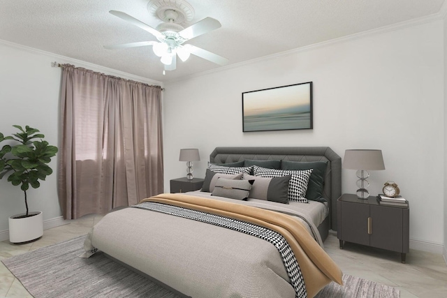 tiled bedroom featuring ceiling fan, ornamental molding, and a textured ceiling