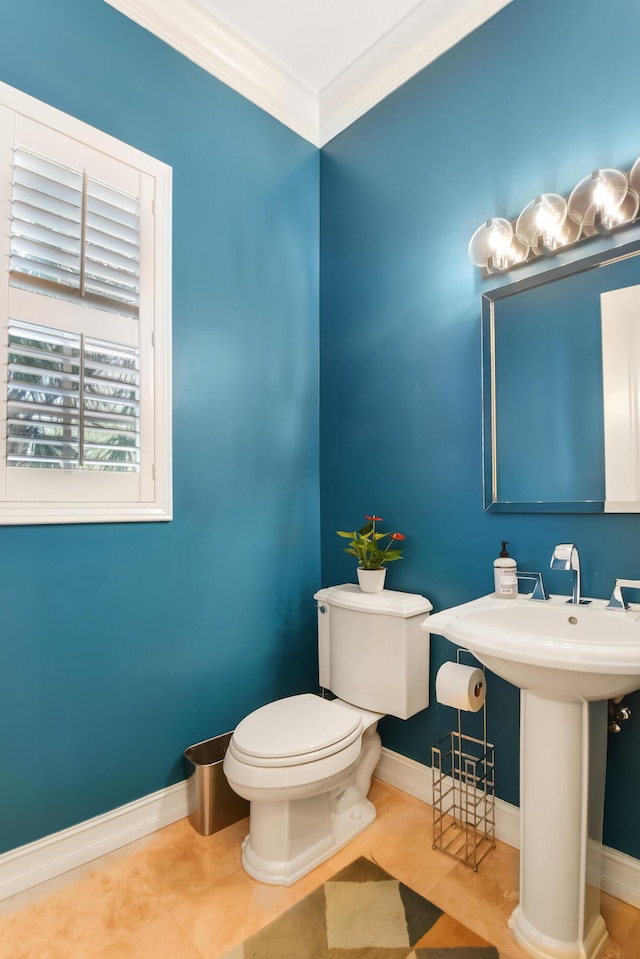 bathroom with sink, toilet, and crown molding