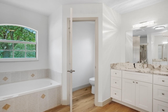 bathroom with vanity, toilet, wood-type flooring, and tiled tub