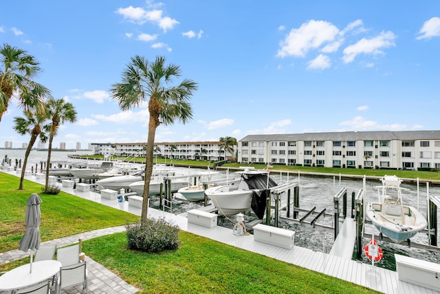 dock area featuring a water view and a lawn