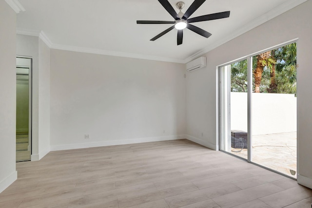 unfurnished room with a wall mounted AC, ceiling fan, ornamental molding, and light wood-type flooring