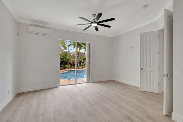 empty room featuring a wall unit AC, ceiling fan, ornamental molding, and light wood-type flooring