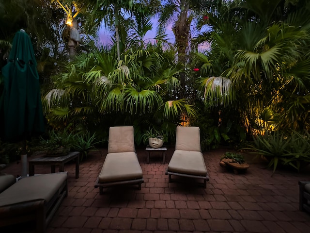 view of patio terrace at dusk