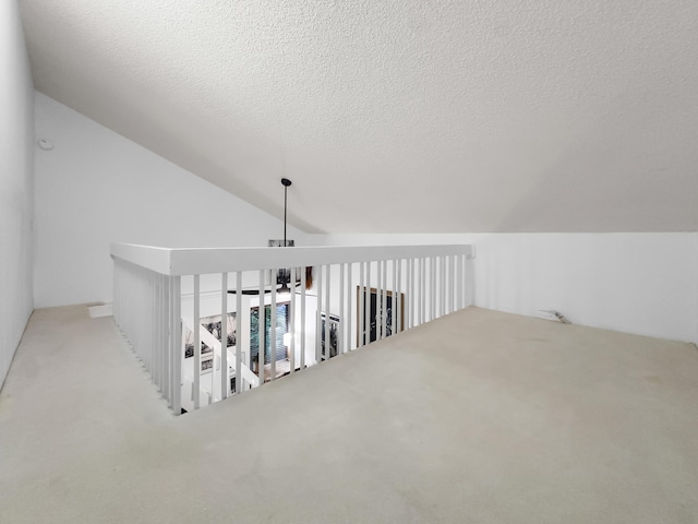 additional living space with a textured ceiling, light colored carpet, and vaulted ceiling