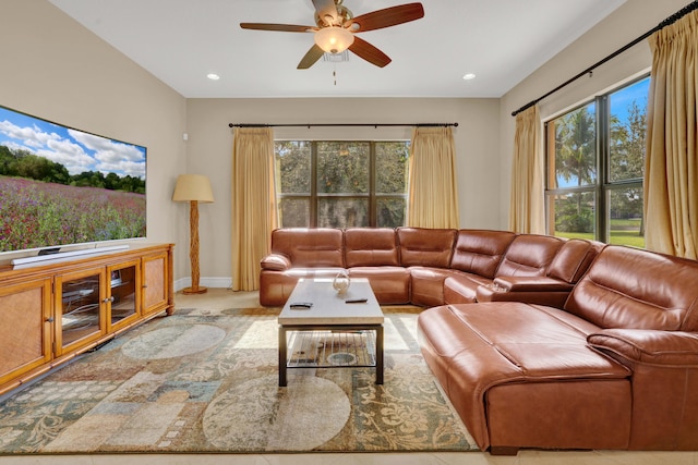 living room with ceiling fan