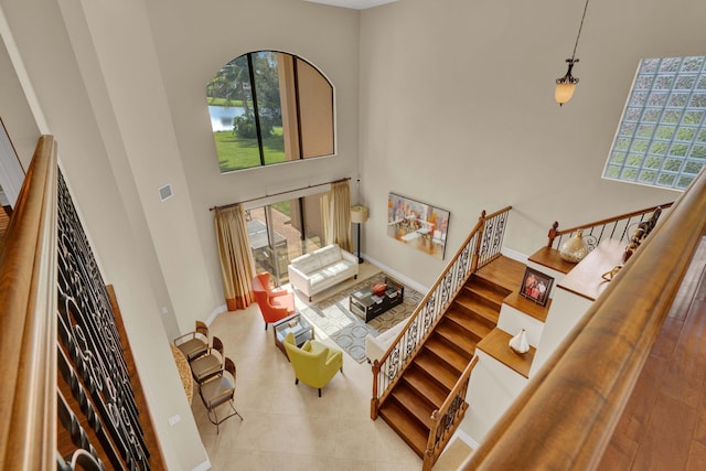 living room with a healthy amount of sunlight and a towering ceiling