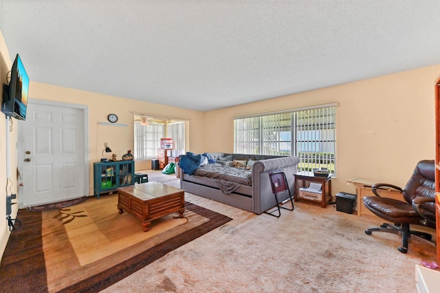 carpeted living room with ceiling fan and a textured ceiling