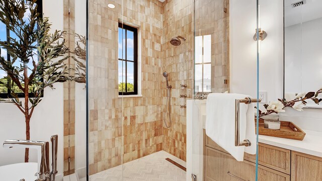 bathroom featuring a shower and vanity