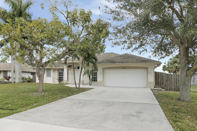 ranch-style house with a garage and a front yard