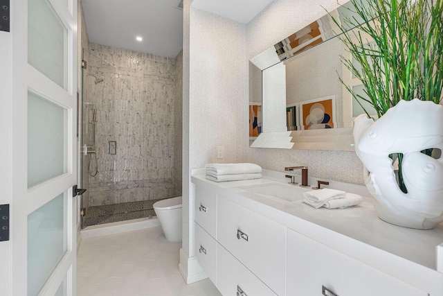 bathroom with tile patterned flooring, vanity, toilet, and an enclosed shower