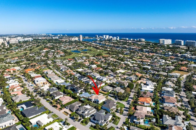 drone / aerial view with a water view