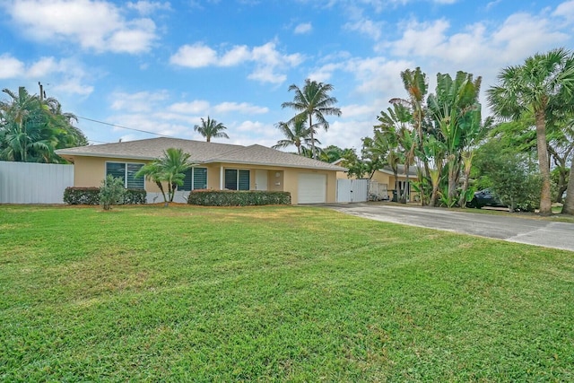 ranch-style house featuring a front lawn and a garage