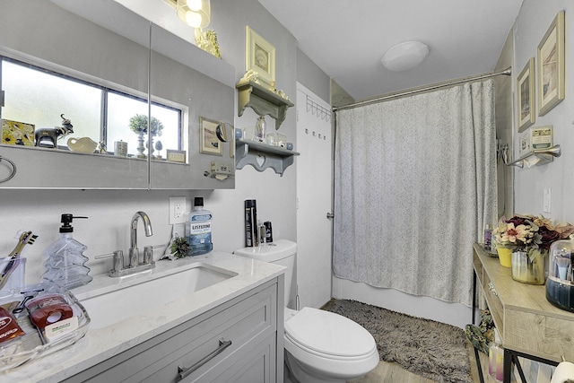 full bathroom featuring shower / bath combination with curtain, vanity, and toilet