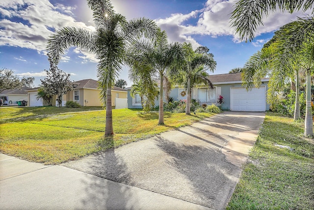 view of front of property with a front yard and a garage