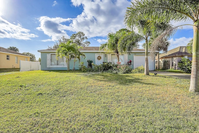 view of front of home with a garage and a front lawn