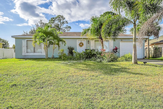 view of front of home featuring a front yard and a garage