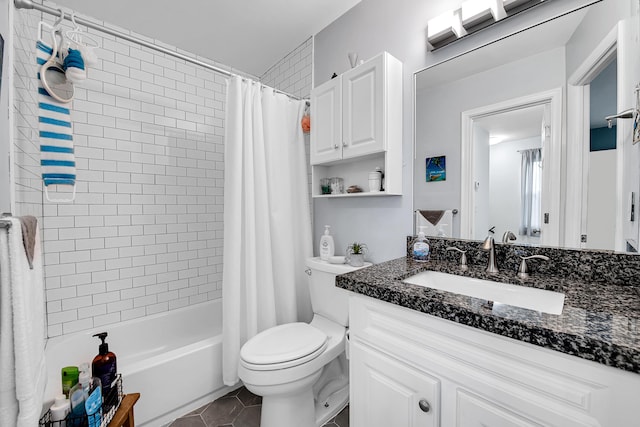 full bathroom with tile patterned floors, vanity, toilet, and shower / bathtub combination with curtain