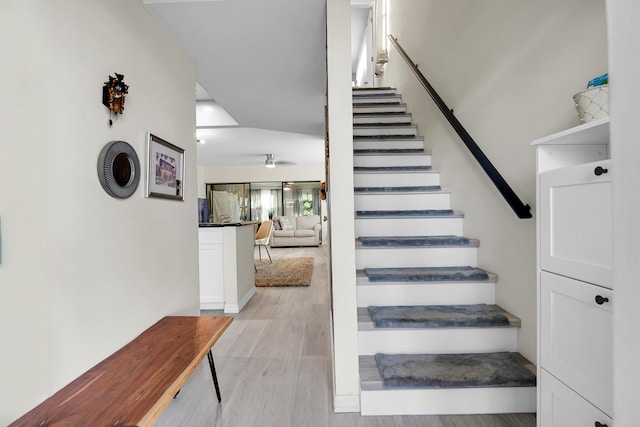 stairs with hardwood / wood-style flooring