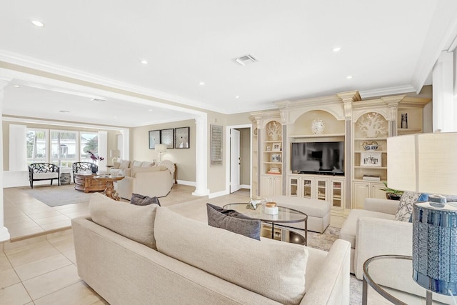 tiled living room featuring crown molding