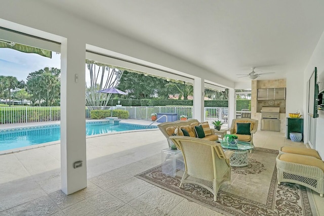 exterior space with ceiling fan and a swimming pool