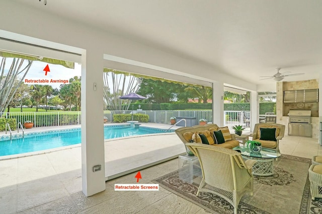 view of swimming pool featuring area for grilling, ceiling fan, and a patio area