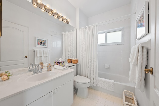 full bathroom featuring tile patterned flooring, vanity, shower / bath combination with curtain, and toilet