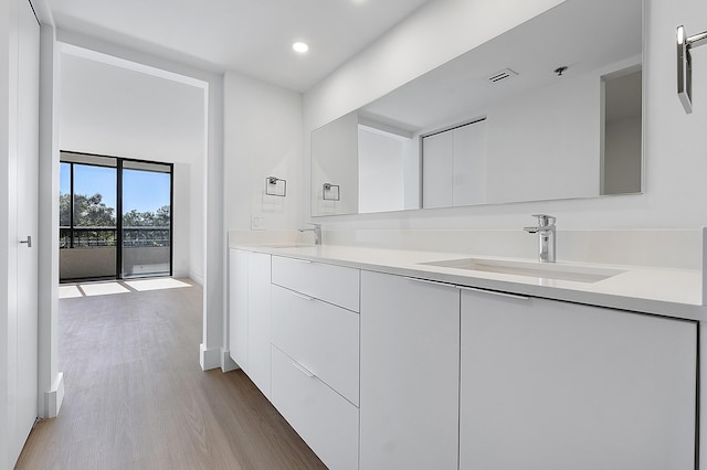 bathroom with vanity and wood-type flooring