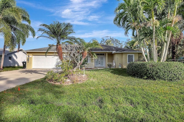 ranch-style house with a garage and a front lawn