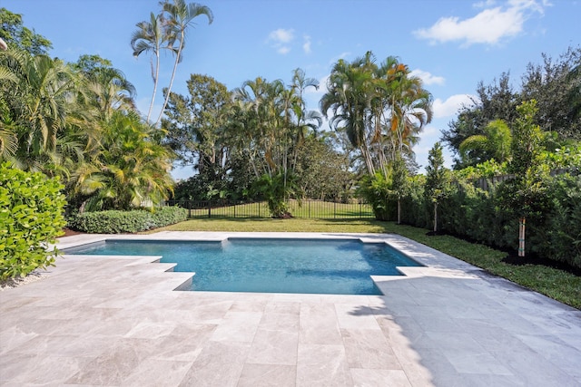 view of swimming pool with a yard and a patio