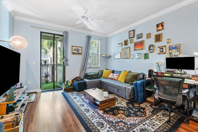 living room featuring crown molding, ceiling fan, wood-type flooring, and a textured ceiling