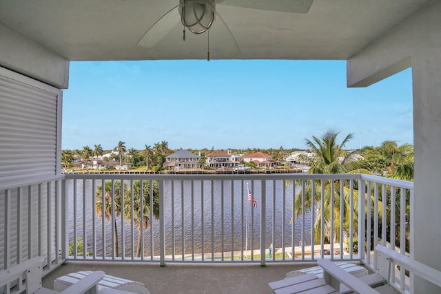 balcony featuring ceiling fan and a water view