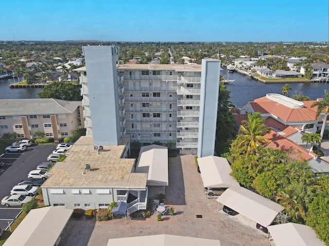 bird's eye view with a water view