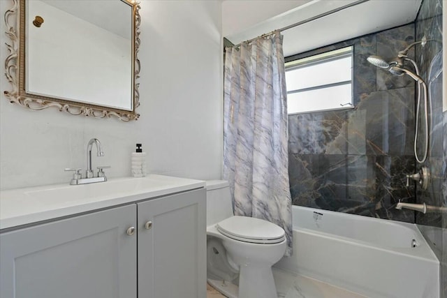 full bathroom with shower / bath combo, marble finish floor, vanity, and toilet